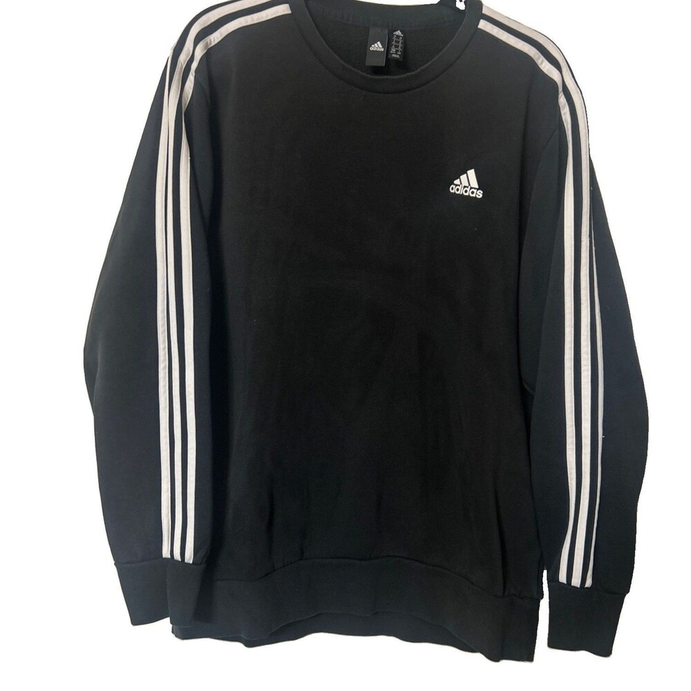 Adidas Sweatshirt Men’s XL Black 3 White Stripe Fleece Crewneck Pullover Preppy